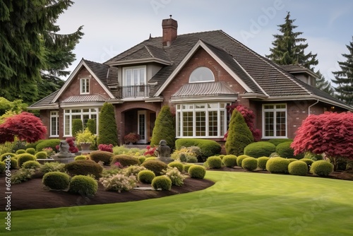 Victorian style brick family house exterior with roof tiles. Beautiful landscaped front yard with lawn and pruned shrubs.