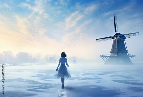 Winter in a Dutch polder landscape with a windmill during a snowstorm