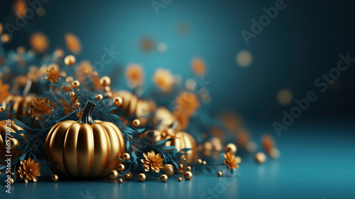 Thanksgiving Pumpkins with Fruits and Falling Leaves Copy Space Blury Blue Background Focus on Foreground
