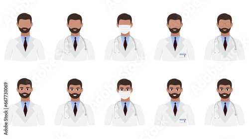 Dark skin male doctor with beard avatar collection