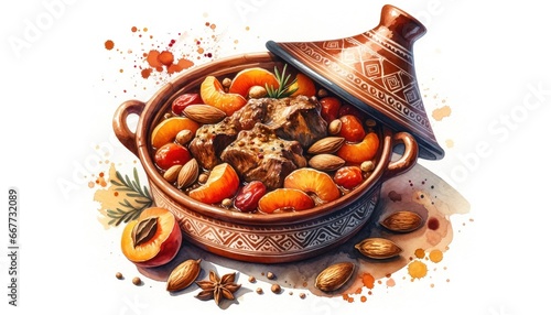 Traditional Moroccan tagine dish with lamb, apricots, almonds, and spices.