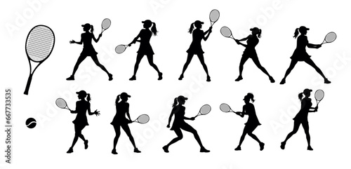Tennis silhouettes, tennis player sports person in silhouette, tennis woman in match champion