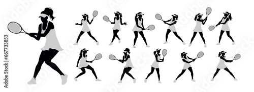 Tennis, tennis player sports person in silhouette, tennis woman in match champion vector isolated on white
