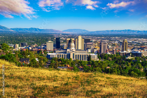 Salt Lake City skyline with Utah State Capitol. The capitol is the main building of the Utah State Capitol Complex, which is located on Capitol Hill.