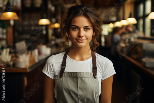 Generative AI digital illustration of young waiter waitress barista meet visitors cozy atmosphere cafeteria