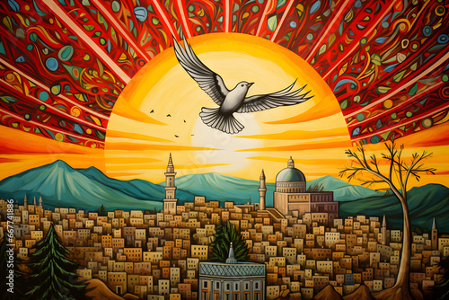 Hope for Peace in the Middle East: Dove of Peace Soaring Over Jerusalem