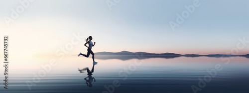 young woman running in a serene and minimalist landscape, panorama sport banner, pro training in nature for a marathon, motivation concept wallpaper, soft sky