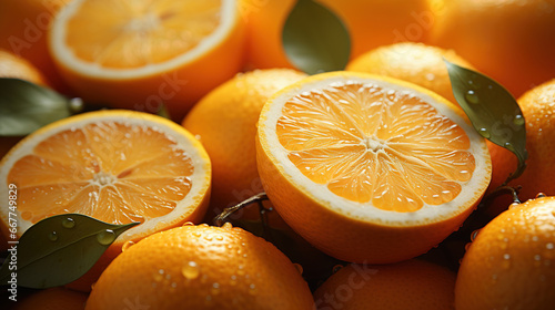 Fresh Oranges with Slices of With Citrus Fruit Water Drops Background Selective Focus