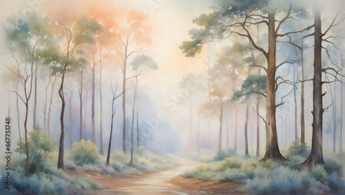 a watercolor painting of a dry tree forest landscape, fog background, pattern