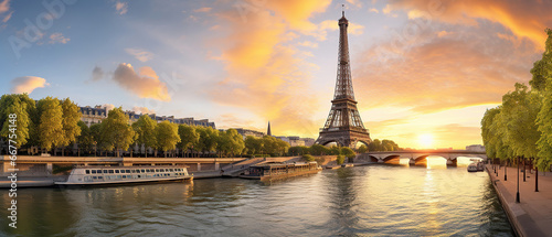 Paris Eiffel Tower and river Seine at sunset in Paris, France. Eiffel Tower is one of the most iconic landmarks of Paris.