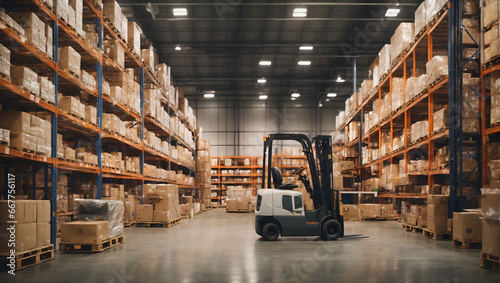 retail warehouse filled with boxes, logistics atmosphere, forklifts, distribution area