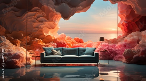 A cozy oasis of natural elements, with a vibrant cloud mural as the backdrop, invites you to sink into the plush couch and admire the beauty of water and nature within the comfort of your own home