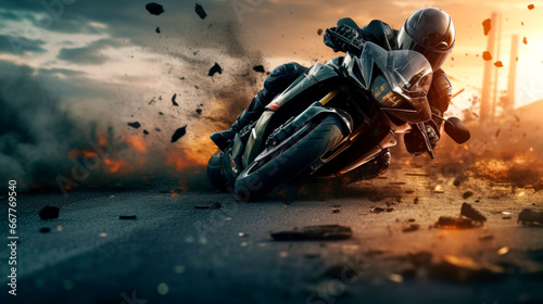 Motorcycle rider in helmet and gear racing at high speed on the nighttime background with motion blur. Sports theme. AI Generated
