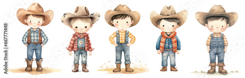 Group of young kids cowboy style, watercolor illustration. Character for children's illustration book Isolated on transparent background. 