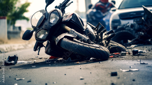 The motorcycle lies on the sidewalk after a road trip. Severe accident. Accident, close-up. AI Generated