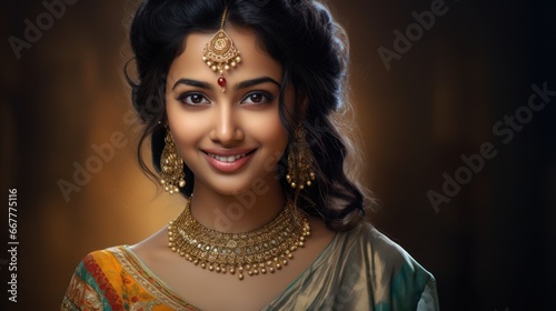Portrait of a beautiful Indian girl in traditional costume with Kundan jewelry. in happy Diwali