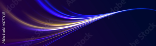 Light trail wave, fire path trace line, car lights, optic fiber and incandescence curve twirl. Vector illustration of high speed light effect on blue background. 