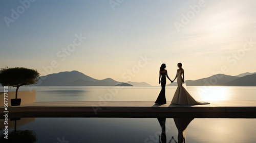 Gay Wedding and joyful celebration on the French Riviera, two women in wedding dresses on the terrace of an architect's villa with view of the sea at sunset, wedding photoshoot in summer on the coast