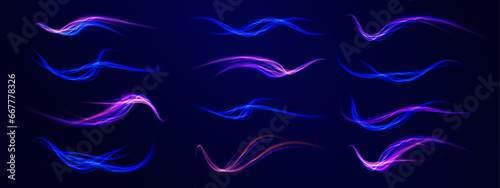 Neon stripes in the form of drill, turns and swirl. Speed of light concept background. Car motion trails. Speed line motion vector background. 
