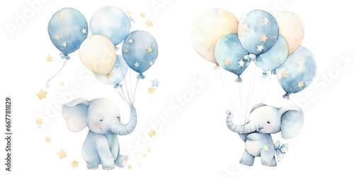 Light blue cute little elephant floating in the air with balloons. Baby Boy Newborn or baptism invitation. children's book illustration style on transparent background