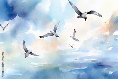 Watercolor painting of birds soaring in the clear sky. Generative AI