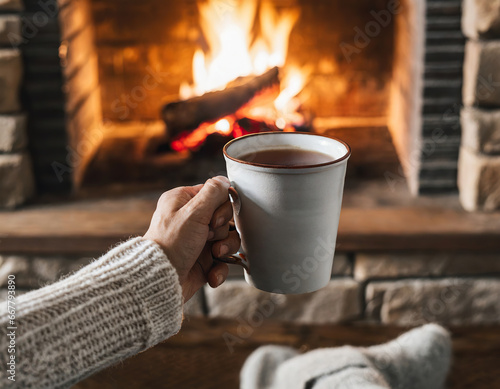 person drinking hot chocolate in front of fireplace