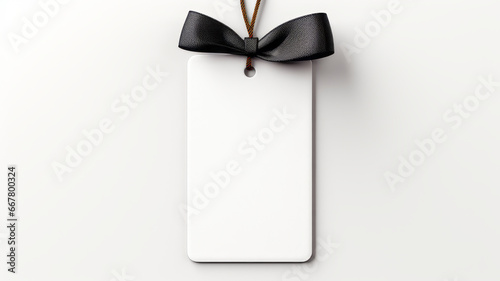 A blank gift tag tied with red ribbon on a white