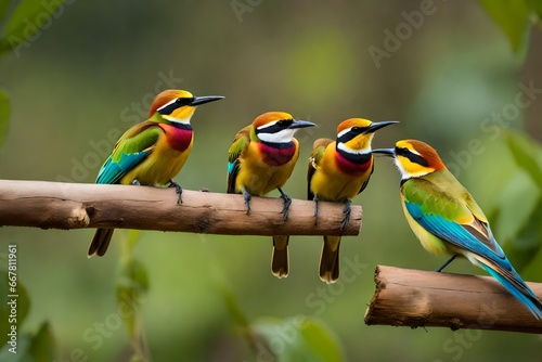 chestnut-headed bee-eaters on sticky wood in a shallow background