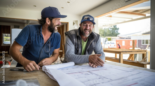 A contented homeowner discussing renovation plans with a contractor both smiling as they envision the transformation.
