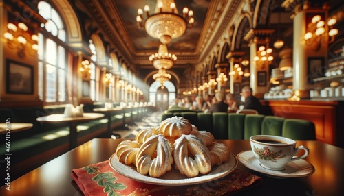 Austrian vanillekipferl, crescent-shaped vanilla biscuits, dusted with powdered sugar, festive napkin setting, Viennese coffee house backdrop with tall windows and chandeliers.
