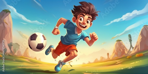 cute kid boy play soccer as striker on the field, cartoon boy doing sport with fun.