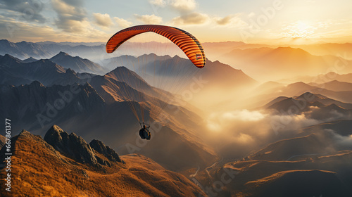 A dynamic shot of a paraglider maneuvering through narrow mountain passes, skillfully navigating the challenging terrain, a testament to the sport's technicality