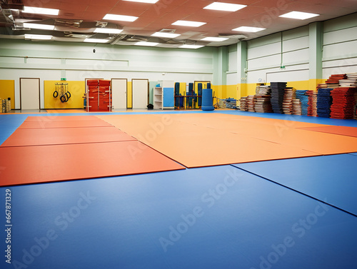 A well-equipped judo or martial arts studio with training mats and professional surroundings.