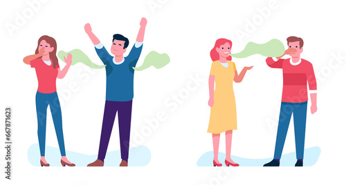 Woman talking to man with bad breath or stinky armpits. Odor from mouth. Sweaty male. Unhealthy teeth. Hyperhidrosis or halitosis. Couple conversation. png communication troubles set