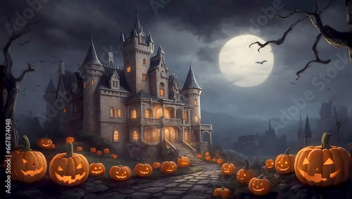 Halloween night background image with spooky castle and smile pumpkins