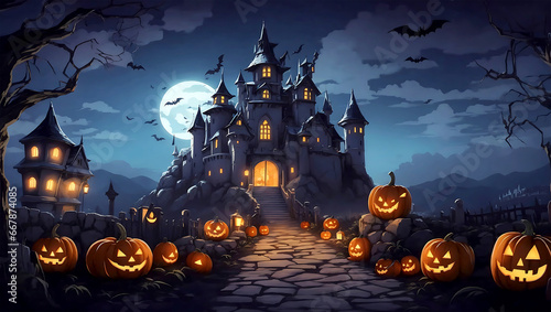Halloween midnight background image with spooky castle and smile pumpkins cartoon style