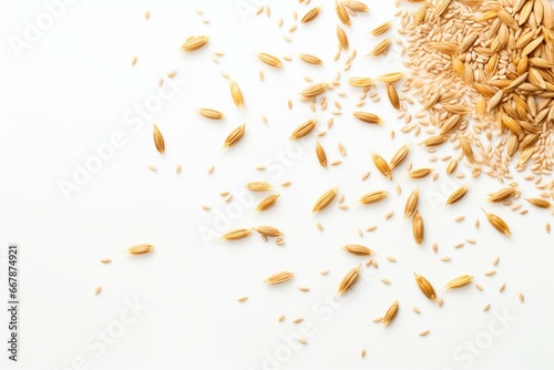 Barley malt grains floating on a white background. Generative AI