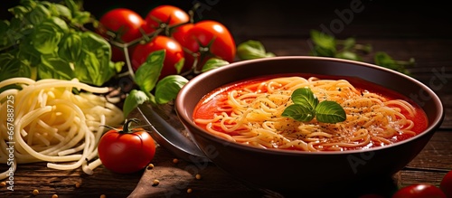Wooden table with tomato soup and noodles