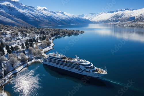 Cruise passenger ship ferry transport in the Arctic with beautiful nature snowy mountains in the background and blue sky. Adventure tourism and travel to unusual places concept