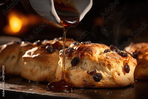 A glistening smear of brandy er melting into the deep crevices of a freshly baked raisin scone. The ery goodness amplifies the scones subtly sweet flavor, making it the perfect accompaniment