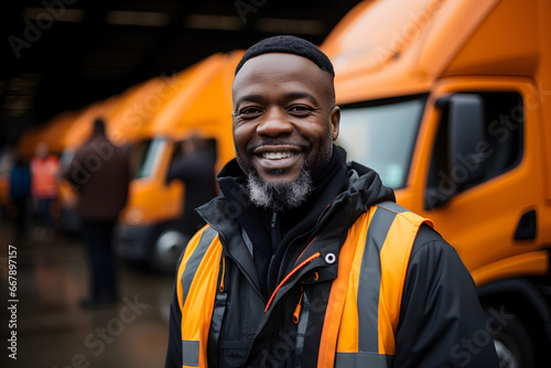 African American transportation factory truck driver standing and smiling by action arms crossed in front of lorry at container yard of port on evening