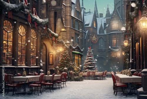table top restaurants and cafes on a snow covered street, festive atmosphere, elegant cityscapes, light red and dark emerald, romanesque art, dutch and flemish, dreamy atmosphere, dark beige and red