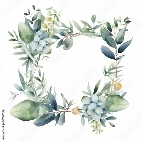 Watercolor Eucalyptus leaf frame with a mix of eucalyptus and other foliage on white. AI generated