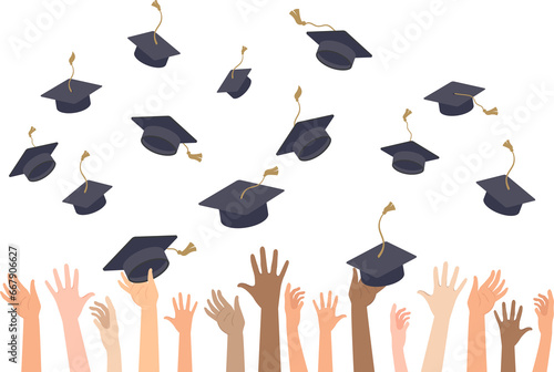 Multiracial people's hands throwing graduation hats in the air. Graduating students. Celebrate End of the School, College or University