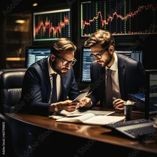 Two stockbrokers working in the office with a financial market