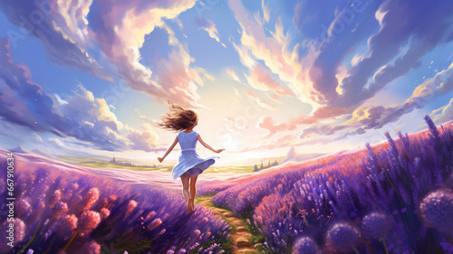 Dark-haired girl running on lavender field, blue dress waving in the wind on a sunny day, joy, lightness, nature.