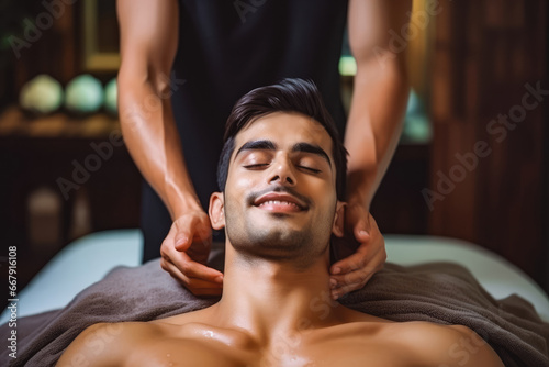 Young Asian massage therapist doing his job, handsome male getting relaxed in a massaging spa salon, relaxed male