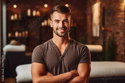 Handsome young caucasian massage therapist smiling at his work place, man working at spa, massage therapy for clients