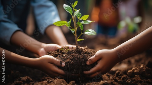 Children planting trees, celebrating nature's beauty. Reforestation hope for cleaner future. Earth's health responsibility.
