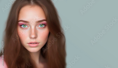 retrato joven mujer con pecas y ojos claros sobre un fondo liso verdoso 